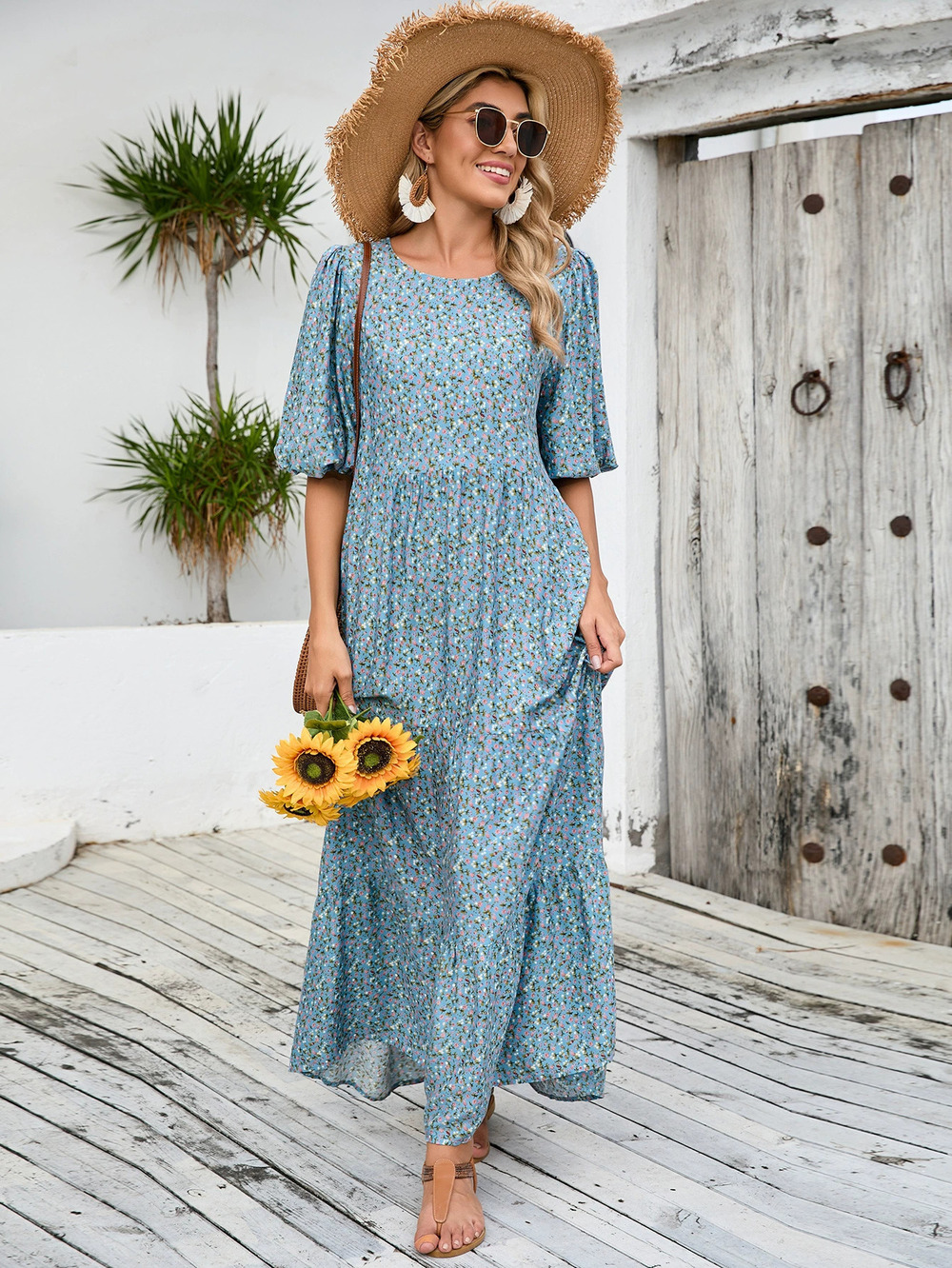 ZARA Real Plus Size Floral Loose Robe Dress Crew Neck Retro Vacation Mid Sleeve